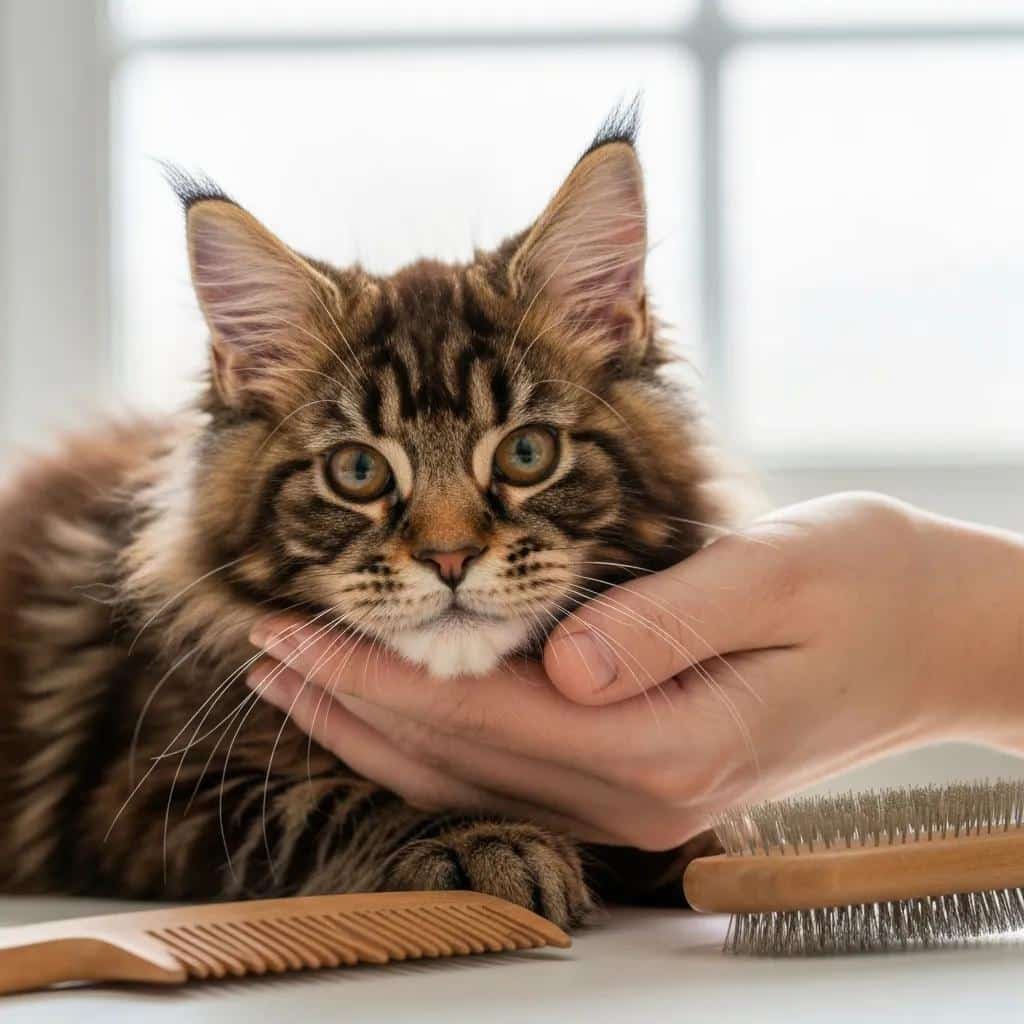 Maine Coon Kitten Being Groomed Showcasing Its Luxurious Coat