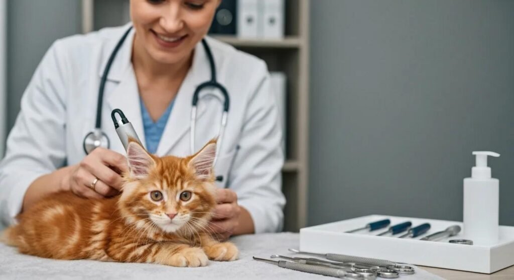 Veterinarian Examining a Maine Coon Kitten Emphasizing Genetic Health Checks