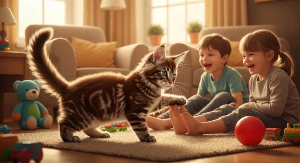 Maine Coon Kitten Playing with Children in a Cozy Living Room