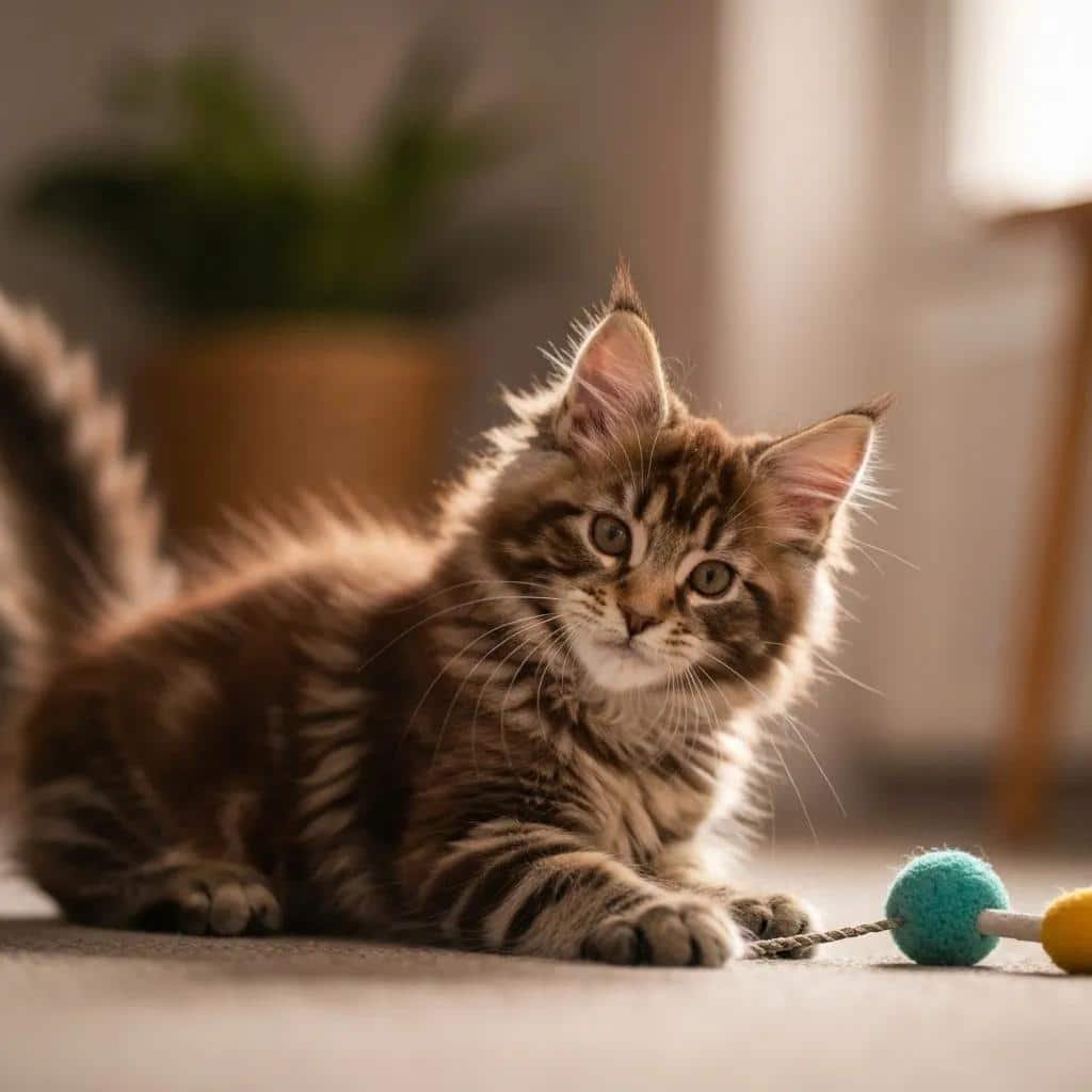 Maine Coon Kitten Playing in a Cozy Home Emphasizing Its Fluffy Fur and Playful Nature