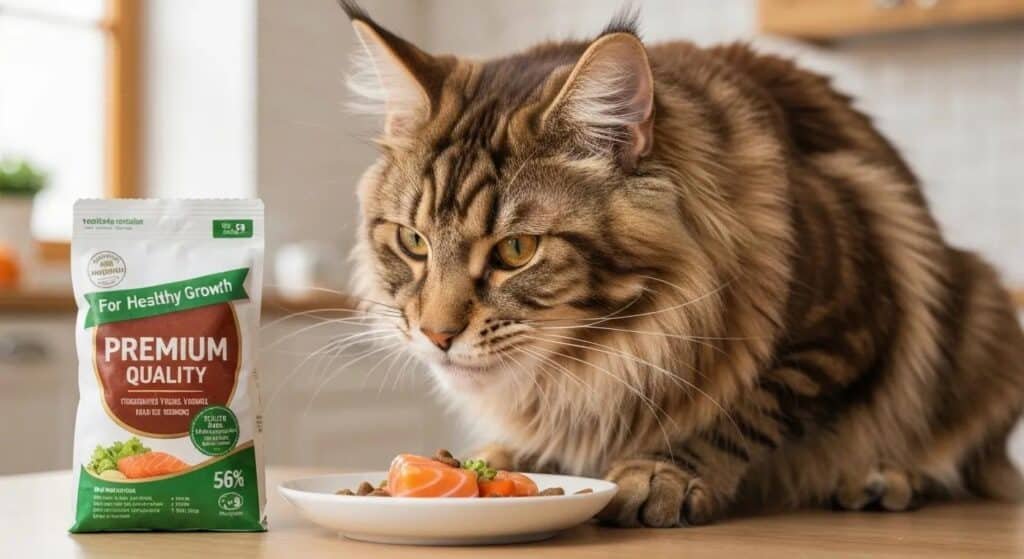 Maine Coon Cat Enjoying a Nutritious Meal Highlighting the Importance of Diet in Healthy Growth