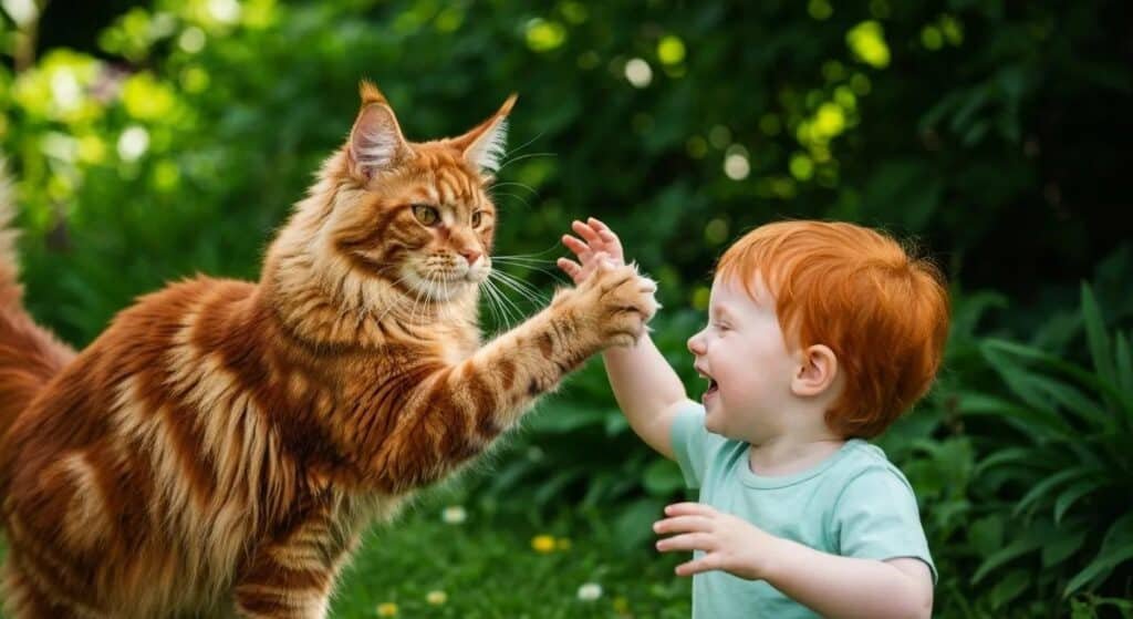 Male Maine Coon Cat Playfully Interacting with a Child Illustrating Its Affectionate Personality Traits
