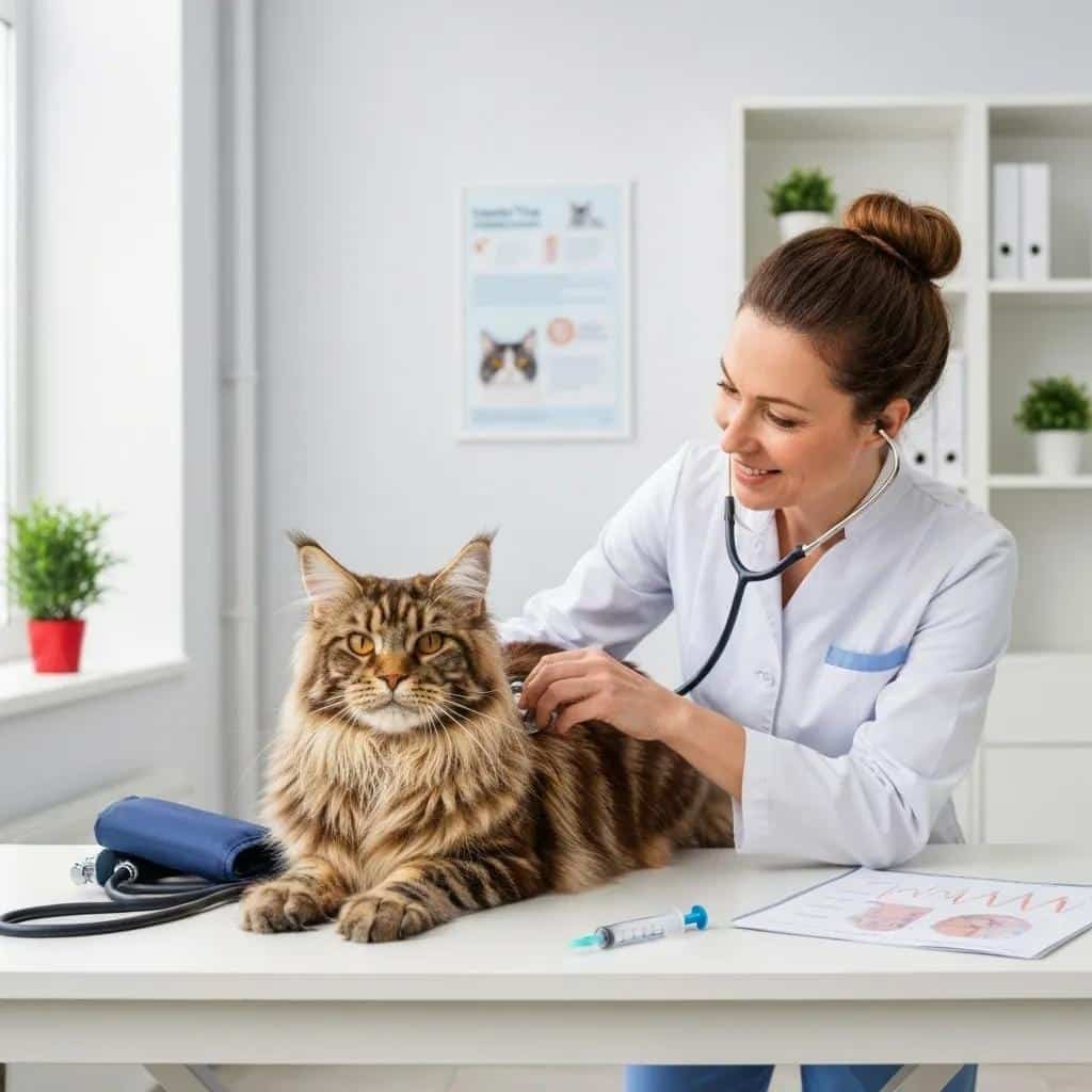 Maine Coon cat being examined by a veterinarian, highlighting the importance of pet insurance and health care