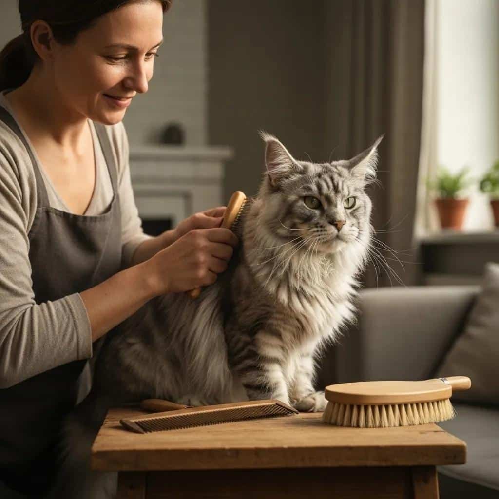 Person grooming a silver Maine Coon cat in a calm and cozy environment