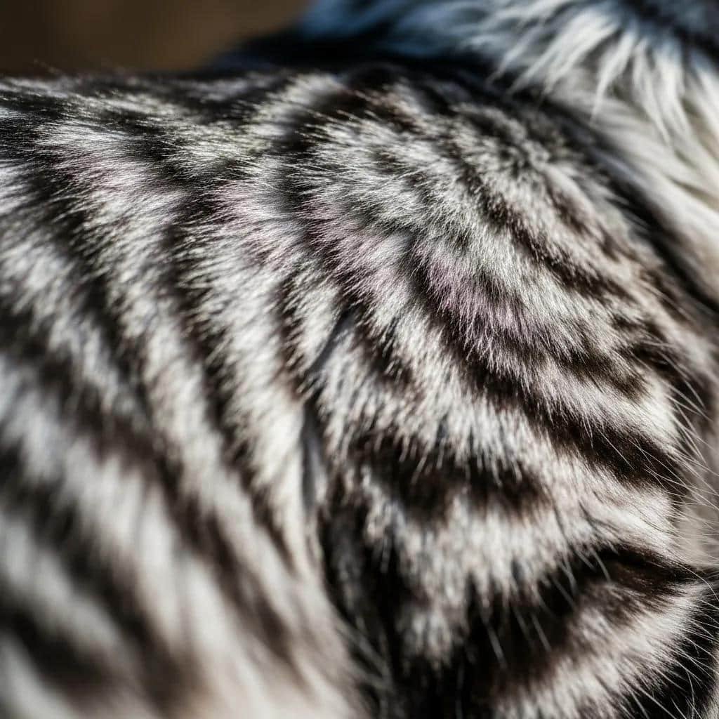 Close-up of silver Maine Coon coat displaying unique tabby patterns and frosted appearance