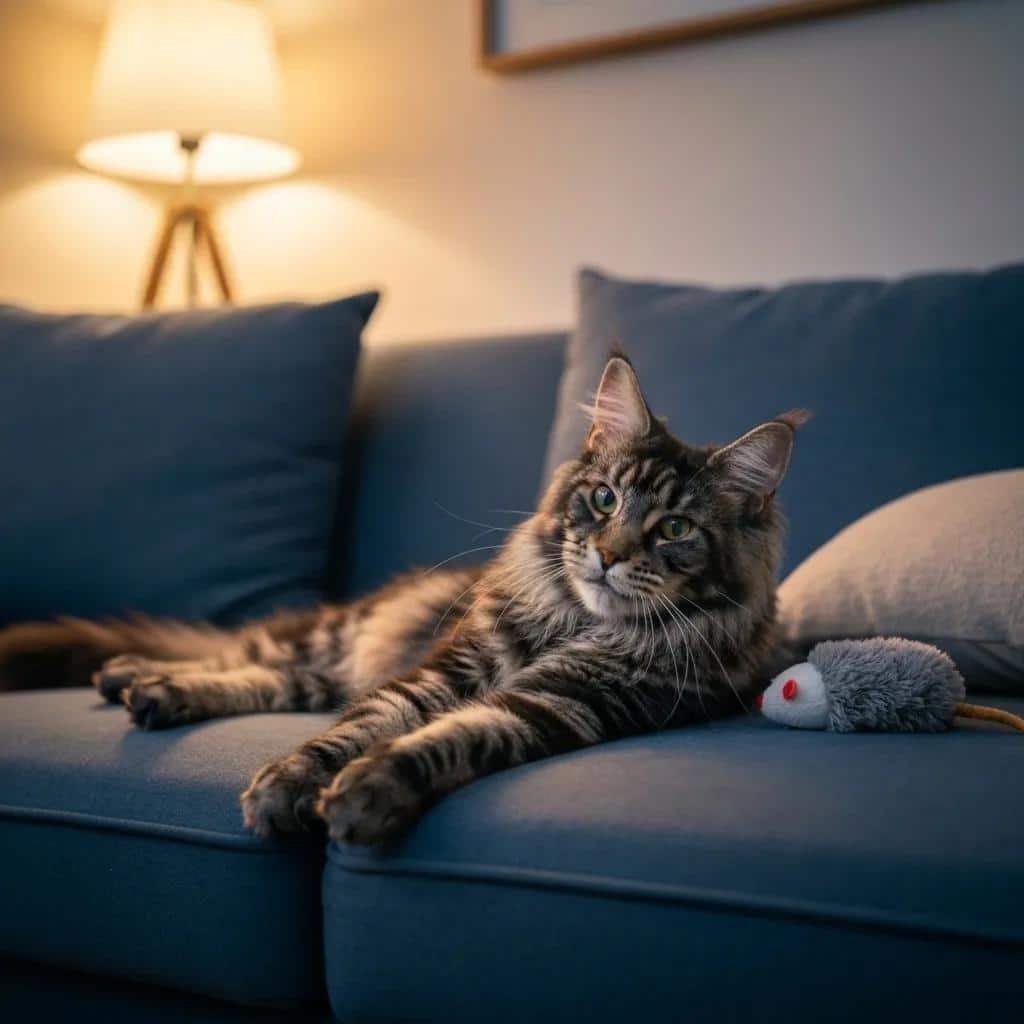 Maine Coon cat relaxing in a cozy home setting, emphasizing companionship and comfort