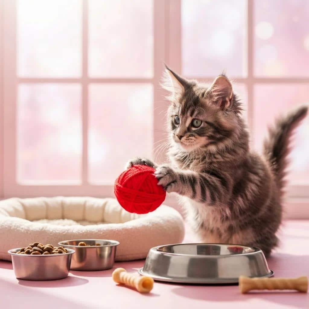 Maine Coon kitten surrounded by essential supplies, illustrating initial costs of ownership