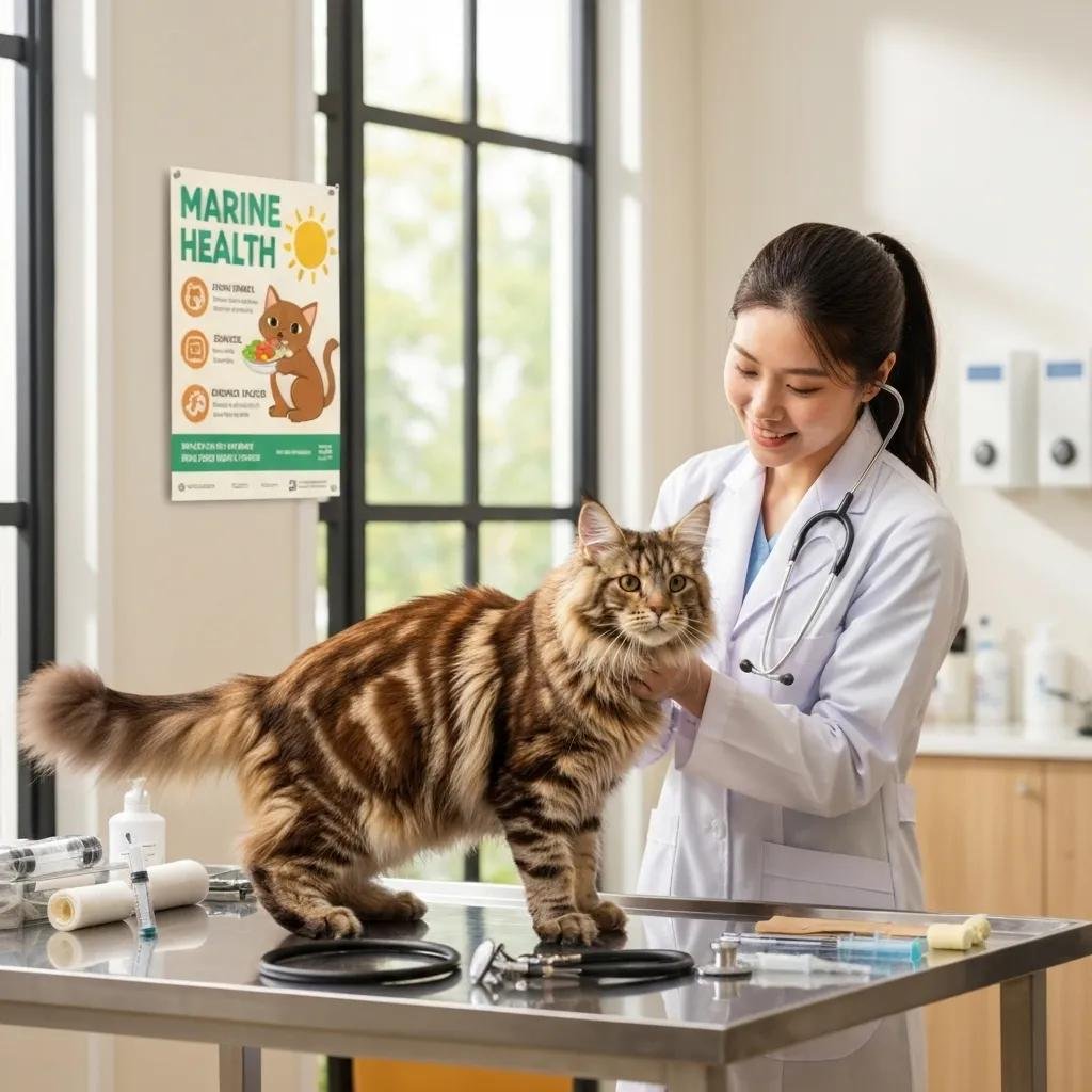 a Veterinarian Carefully Examining a Healthy Maine Coon Cat During a Clinic Visit