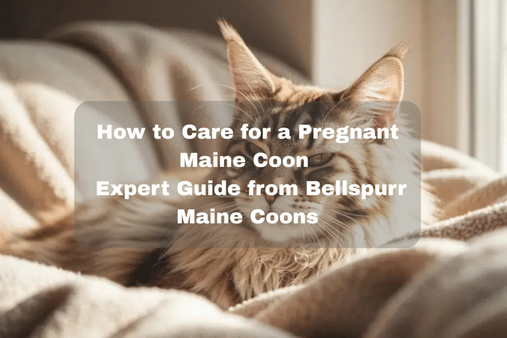 Maine Coon cat resting on soft bedding, featuring overlay text about caring for a pregnant Maine Coon from Bellspurr.