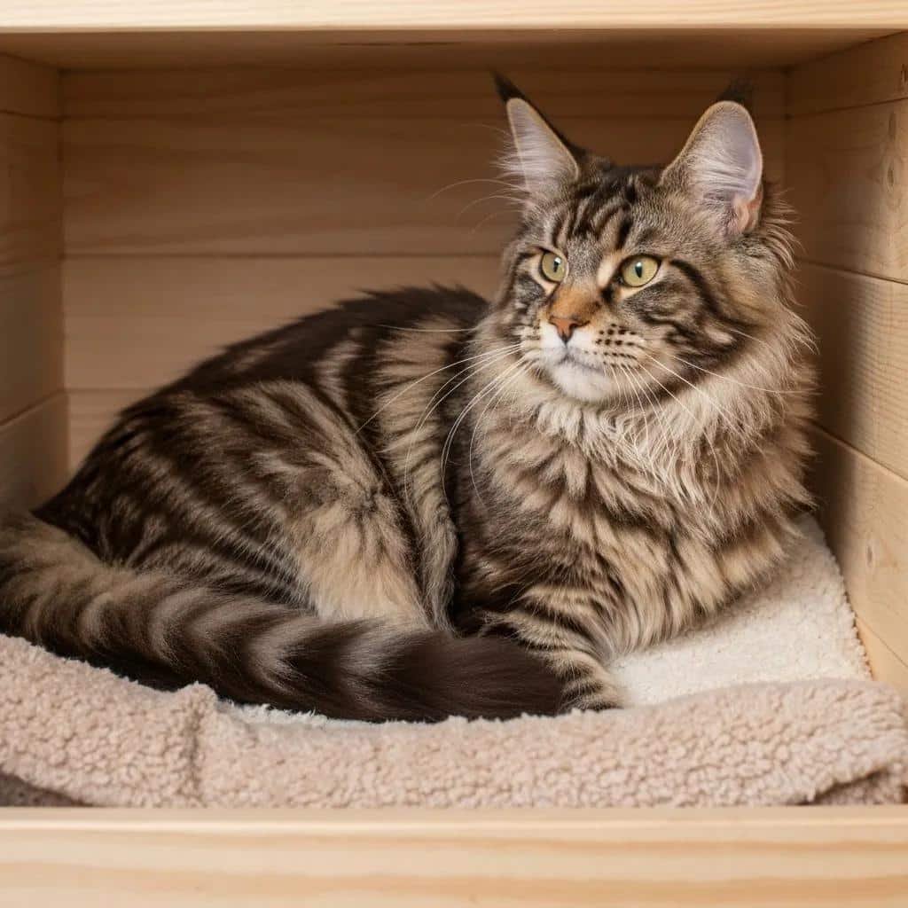 Maine Coon Cat in a Nesting Box Preparing for Labour and Delivery