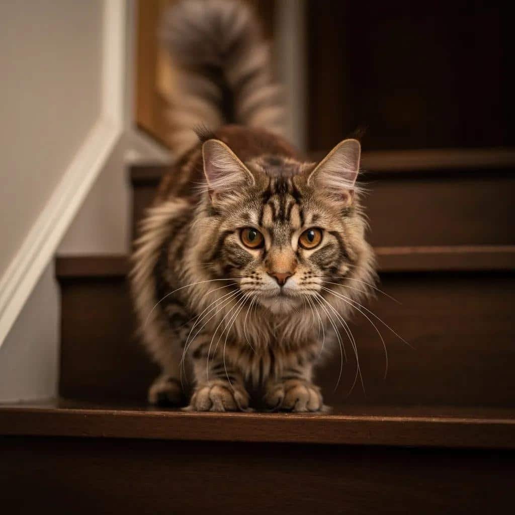 Maine Coon Cat Showing Reluctance to Jump Indicating Early Signs of Arthritis