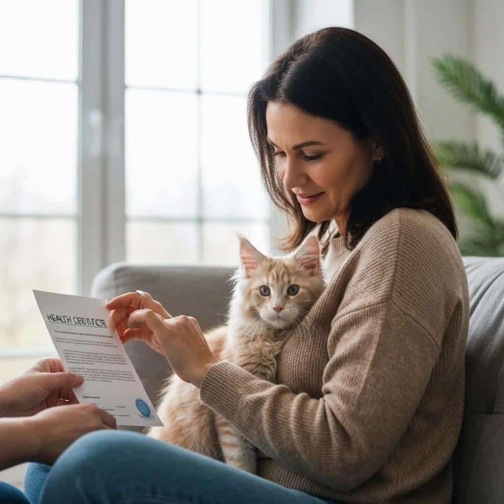 Responsible Maine Coon Breeder Discussing Health Certificates and Pedigree with a Potential Owner