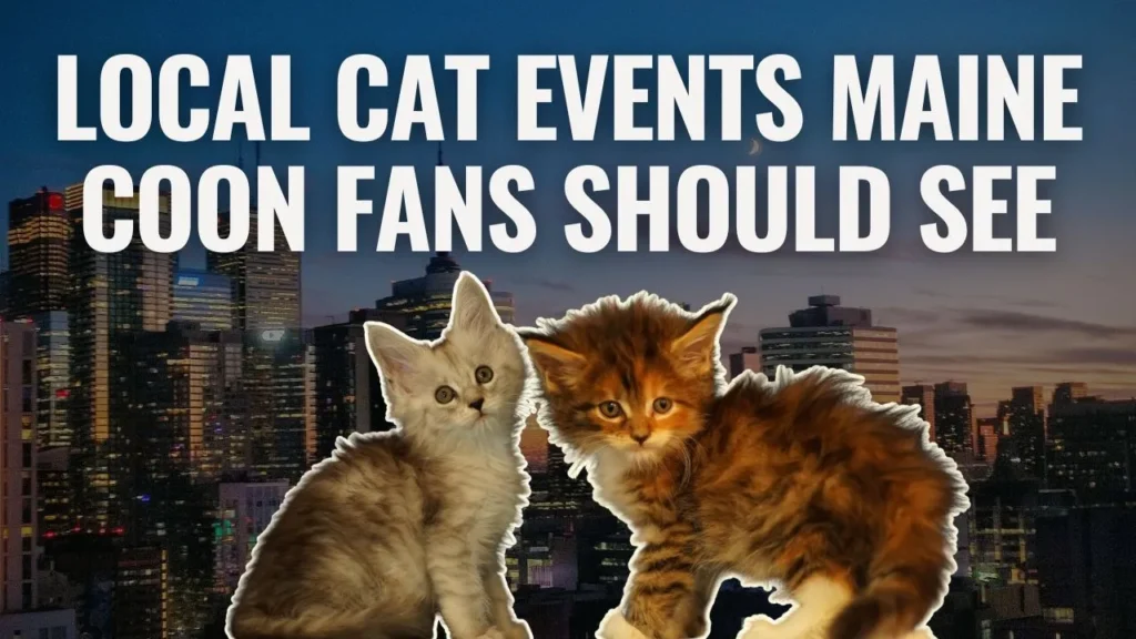 Two Maine Coon kittens in front of a city skyline at dusk with bold text that reads “Local Cat Events Maine Coon Fans Should See.”