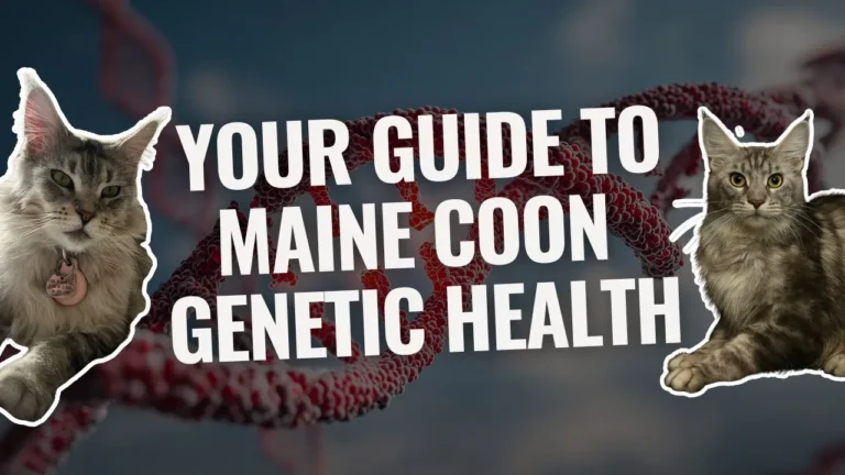 4 Two Maine Coon Cats on Each Side of Bold Text Reading Your Guide to Maine Coon Genetic Health with a Dna Strand in the Background