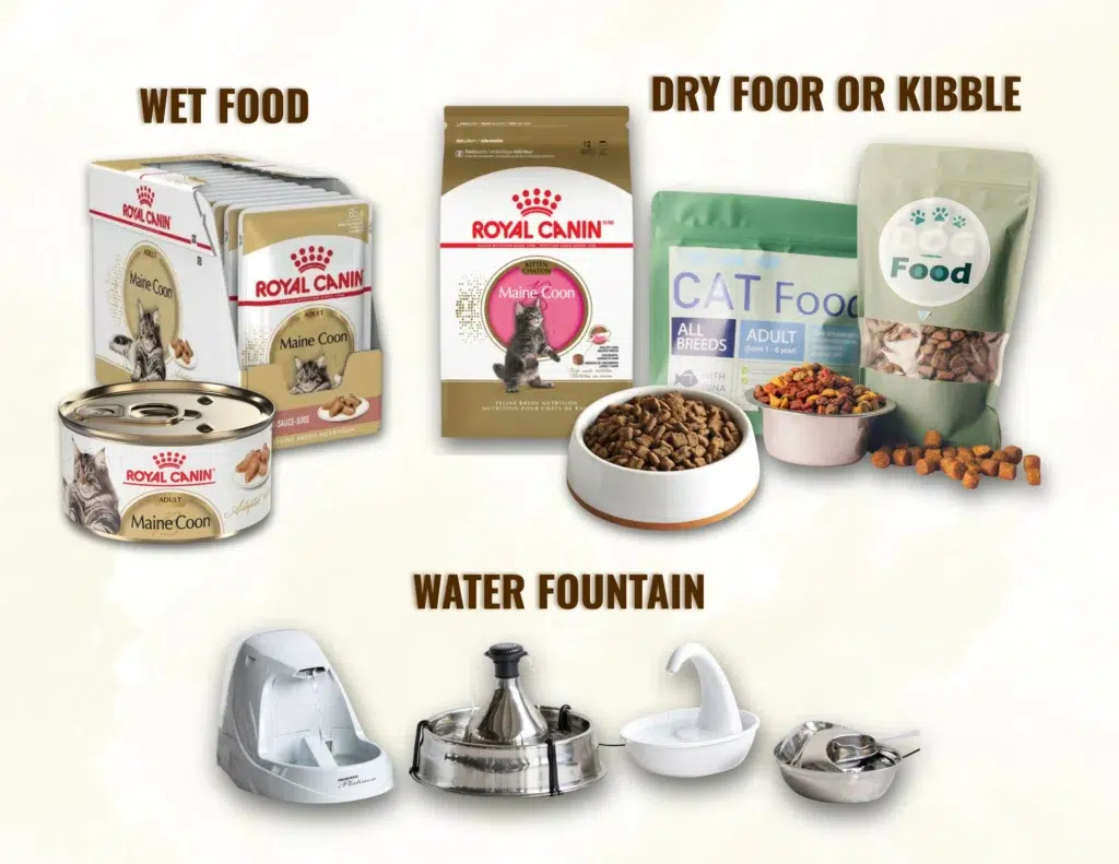 a Visual Guide Showing Different Types of Cat Supplies on the Left Under the Heading Wet Food There Are Royal Canin Maine Coon Wet Cat Food Pouches and Cans on the Right Under the Heading Dry Food or Kibble There Are Various Bags of Dry Cat Food Including Royal Canin Maine Coon Kibble a Bag Labeled Cat Food Adult and Another Labeled Dog Food with Bowls of Kibble in Front at the Bottom Under the Heading Water Fountain There Are Several Styles of Pet Water Fountains Including Plastic and Stainless Steel Designs