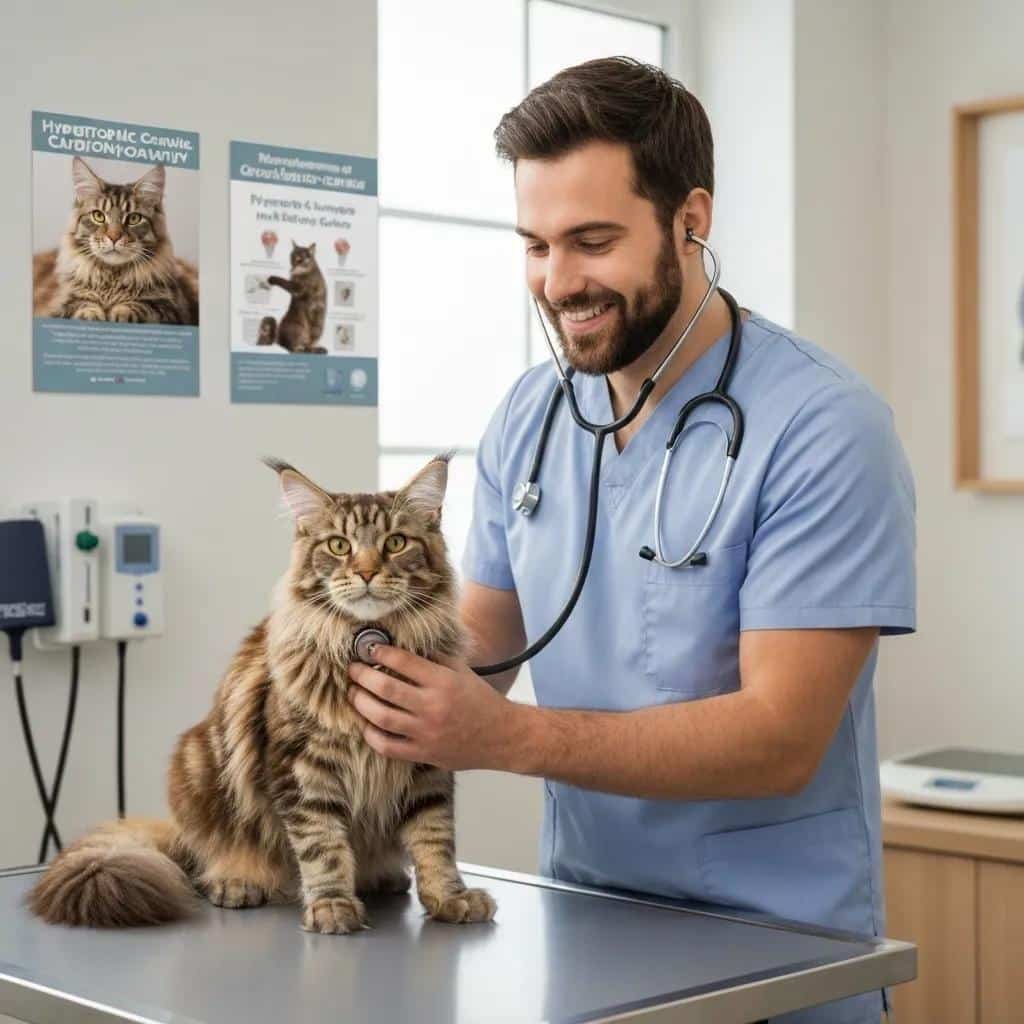Veterinarian Examining a Maine Coon Cat for Hypertrophic Cardiomyopathy in a Clinic Setting