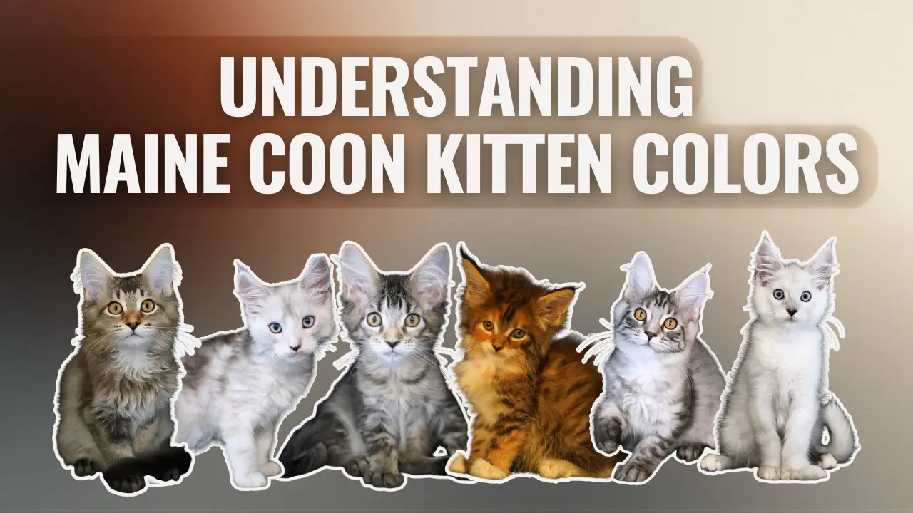A thumbnail graphic titled “Understanding Maine Coon Kitten Colors” in bold white text on a warm gradient background. Below the title is a lineup of six Maine Coon kittens in various coat colors, including brown tabby, silver shaded, black tabby, red, silver tabby, and white. The kittens are arranged in a cutout style, sitting or standing side by side.