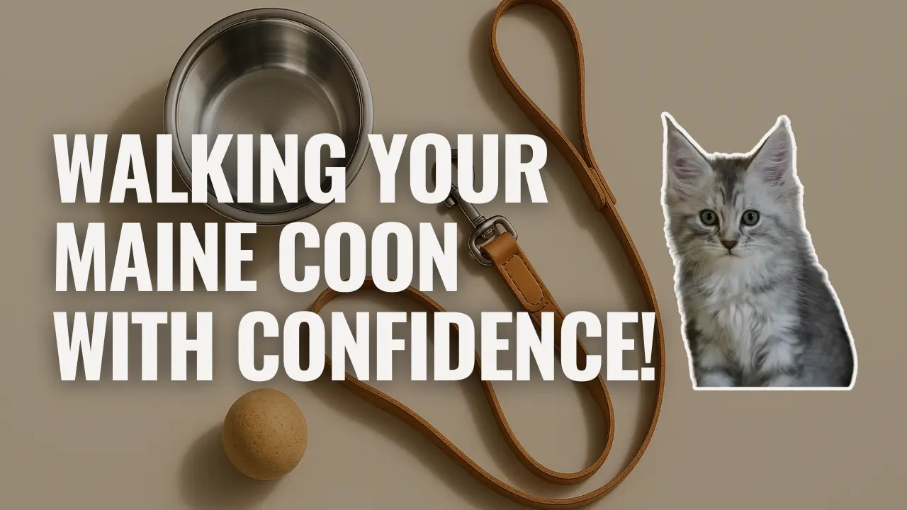 Graphic titled “Walking Your Maine Coon With Confidence!” featuring a black silver tabby Maine Coon kitten beside a leash, stainless steel bowl, and pet toy on a neutral background.