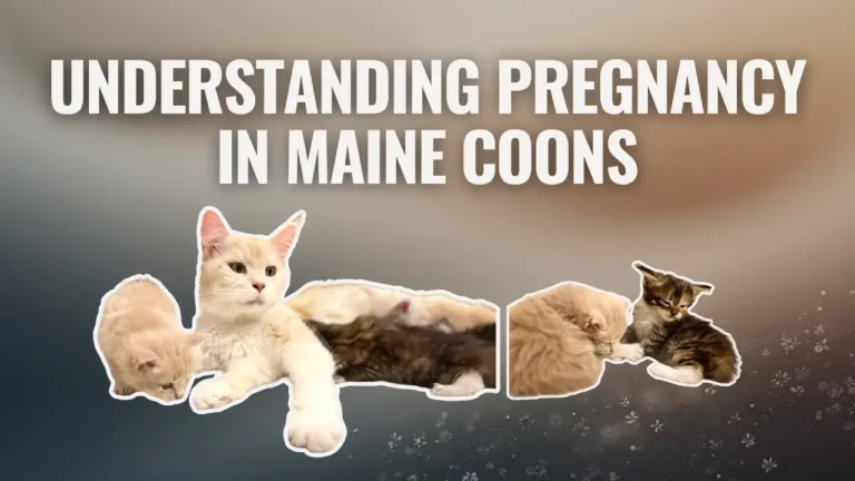 Graphic Showing a Pregnant Maine Coon Mother Cat Nursing Her Kittens with Additional Newborn Kittens Beside Her Under the Title Understanding Pregnancy in Maine Coons