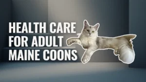 Health care for adult Maine Coons illustrated with an adult Maine Coon cat beside text