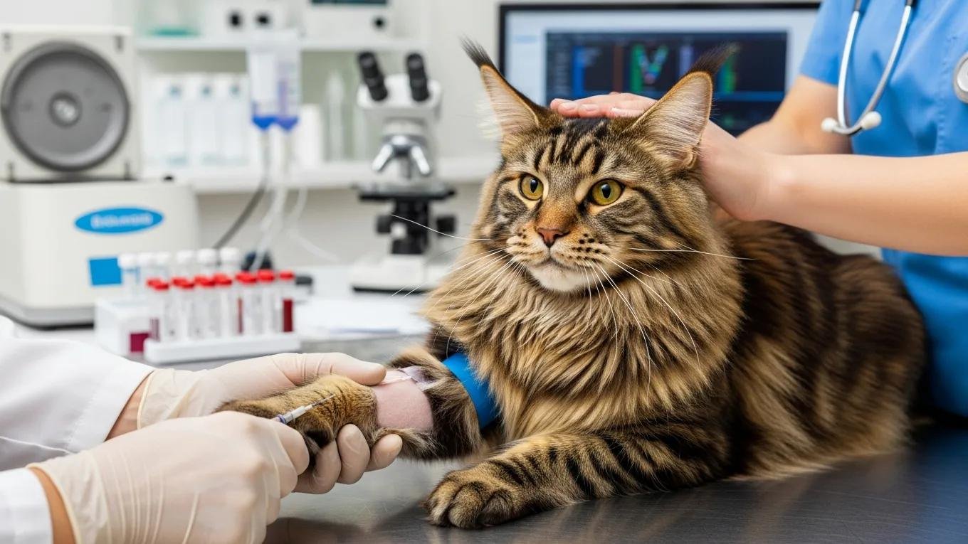 Close-up of a blood sample being taken from a Maine Coon cat, illustrating the genetic testing process