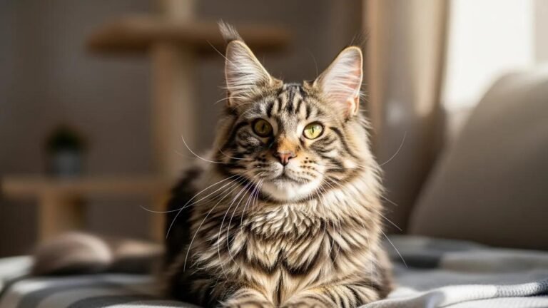 Maine Coon cat in a cozy home setting, emphasizing the importance of genetic testing for healthy pets