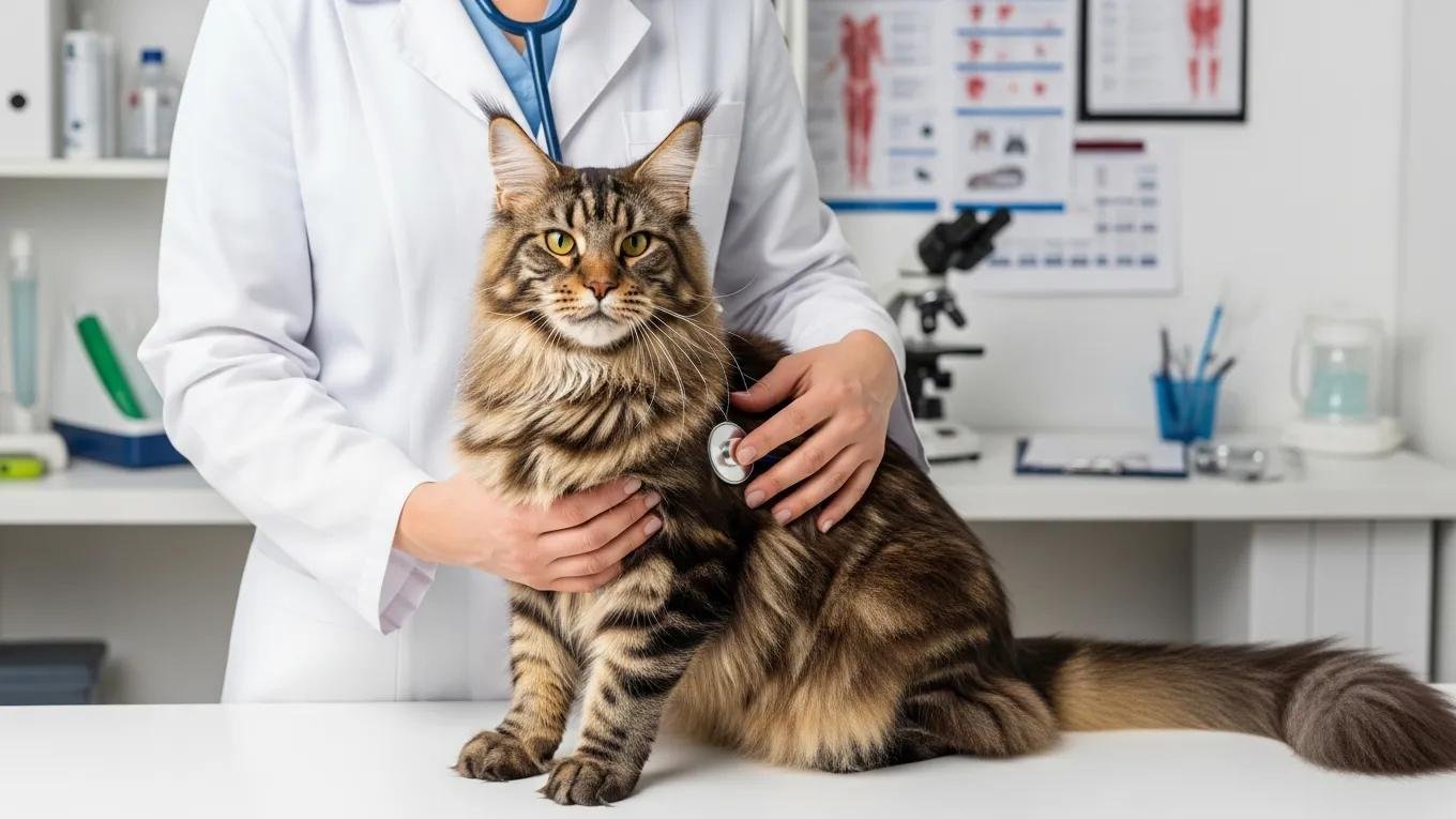 Veterinarian examining a Maine Coon cat, highlighting the importance of checking for genetic diseases