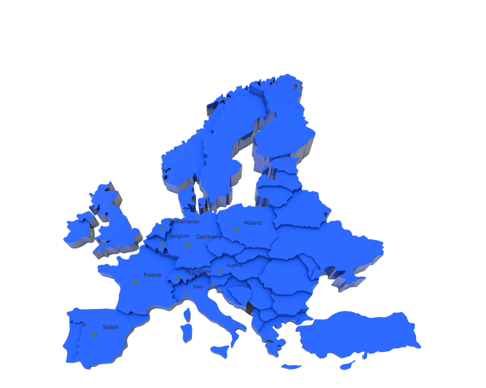 Map of Europe highlighting Bellspurr's kitten delivery locations, emphasizing safe transport across countries for Maine Coon kittens.
